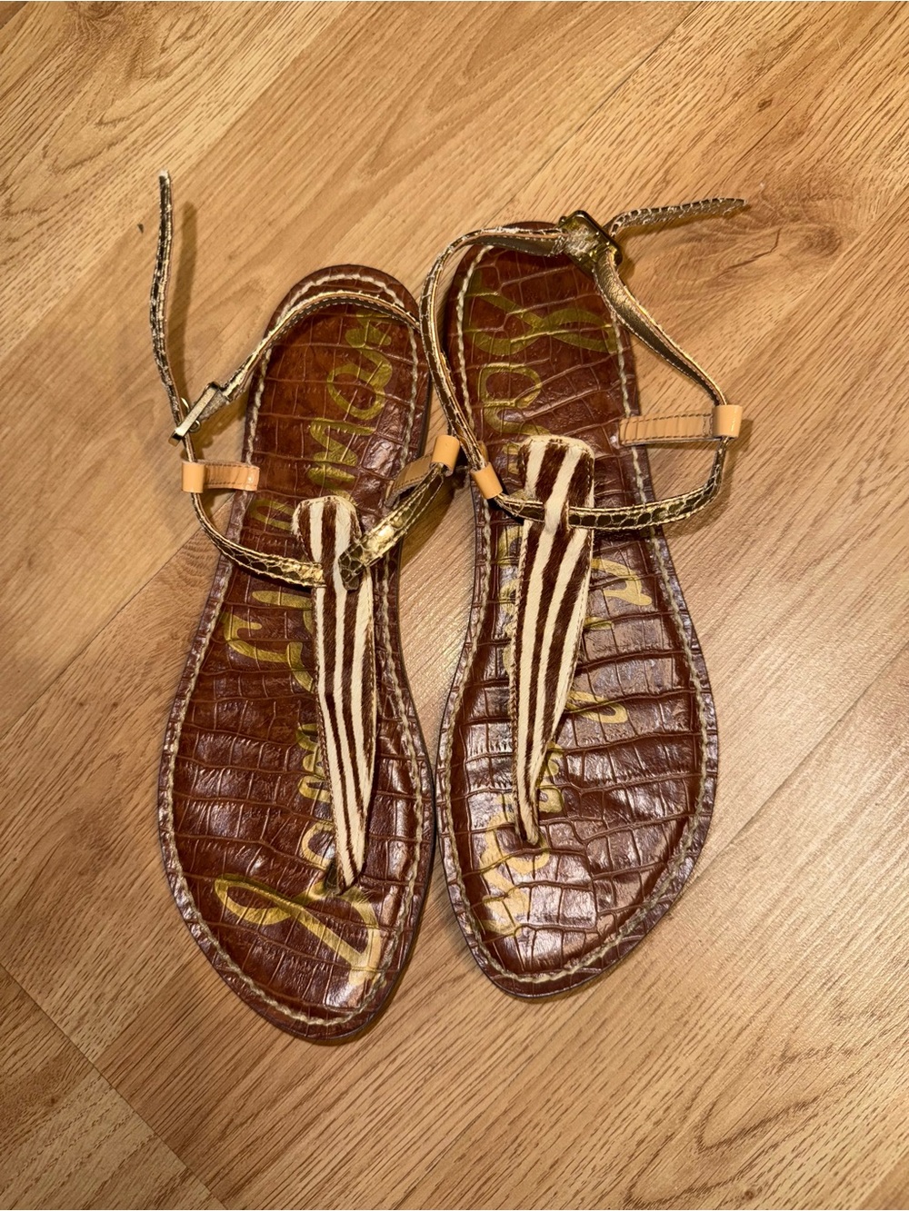 Sam Edelman Brown Croc-Embossed T-Strap Sandals with Zebra Haircalf Accent